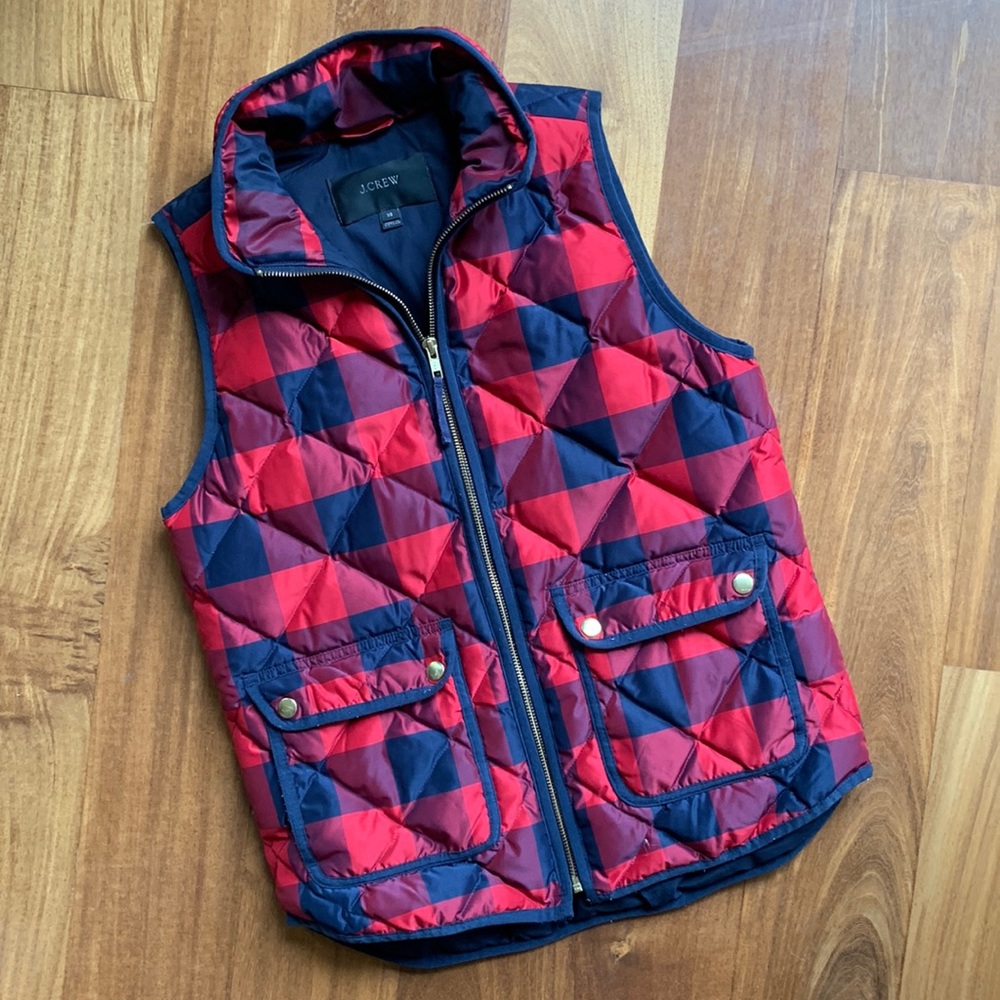 J. Crew Down Puffer Vest Red and Navy Plaid EUC size XS